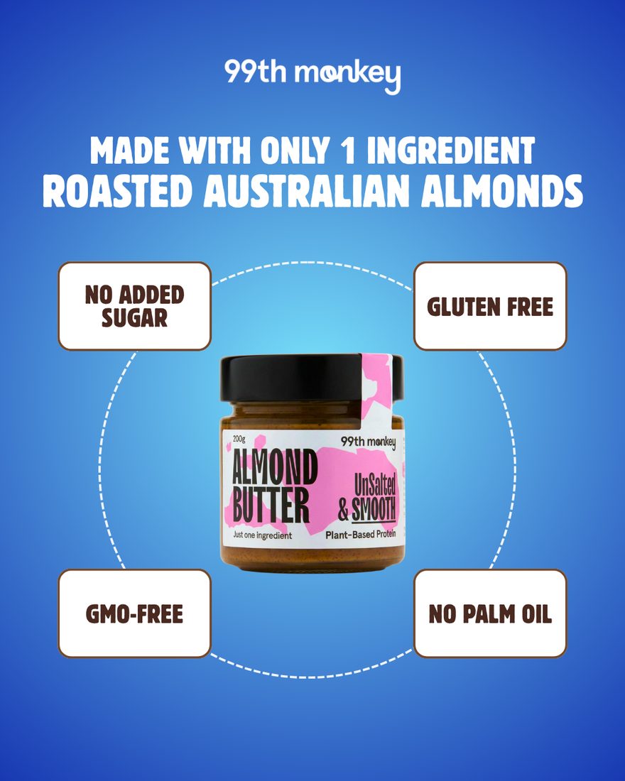 99th Monkey — one-ingredient static for the almond butter: no added sugar, gluten free, GMO-free, no palm oil