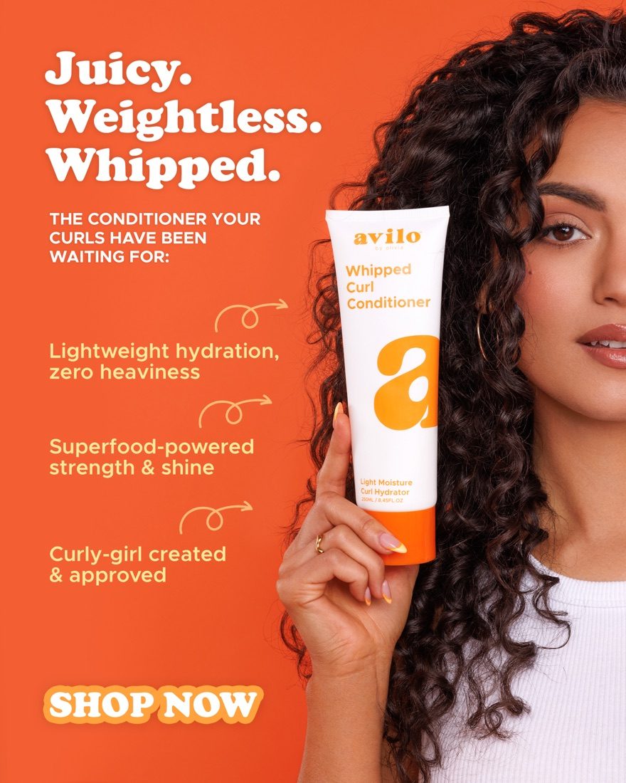 Avilo — product walkthrough static calling out three benefits of the Whipped Curl Conditioner