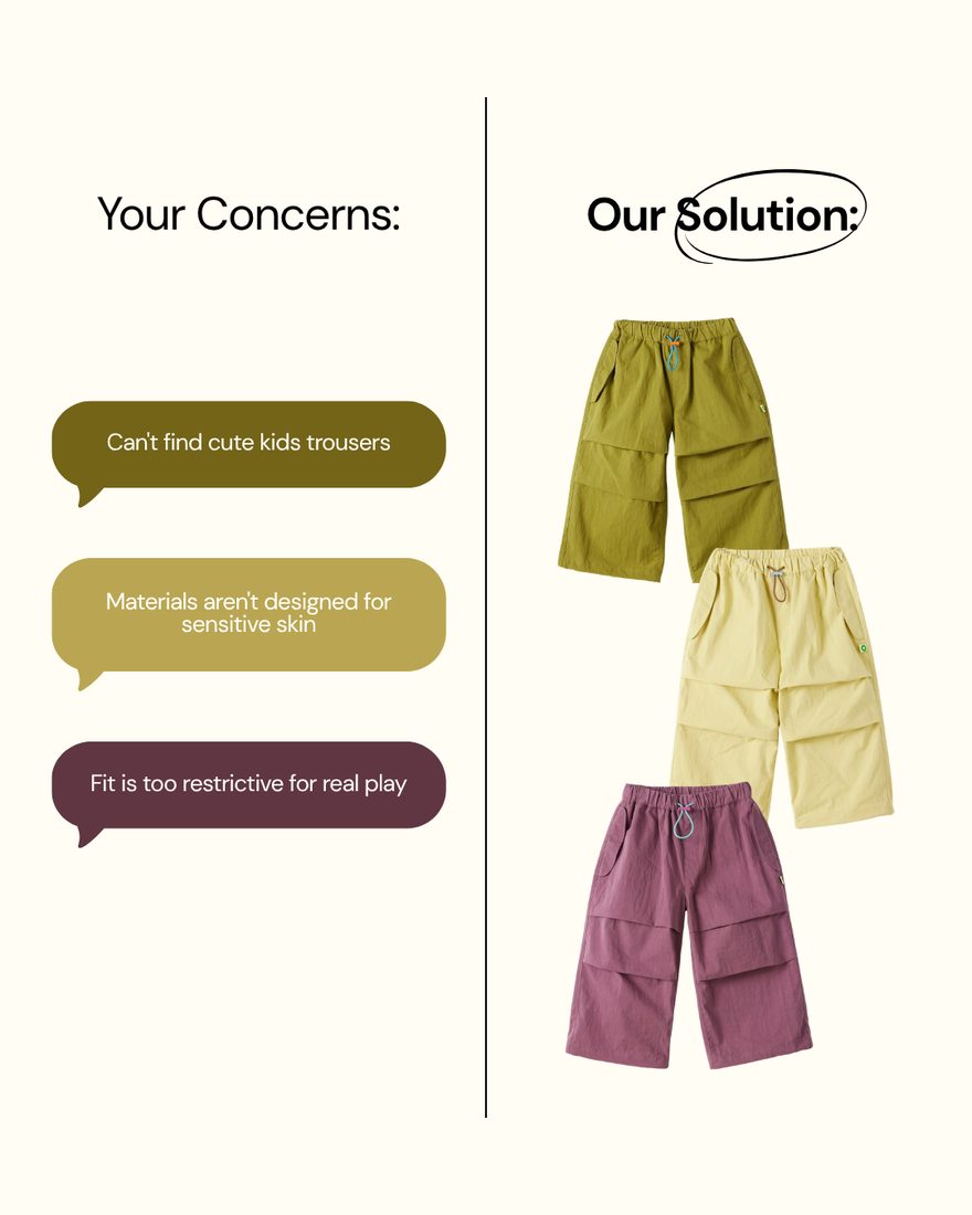 Cubby — problem-and-solution static answering three parent concerns with the kids' pants range