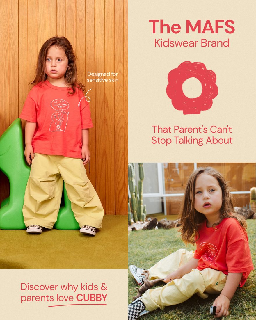 Cubby — range static showing the kidswear line-up alongside the kids wearing it