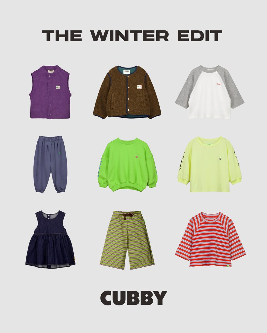 Cubby — winter edit static laying out nine pieces from the kidswear range