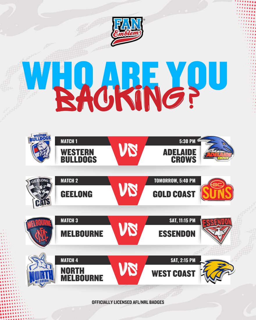 Fan Emblems — AFL round static asking fans who they're backing across four matches