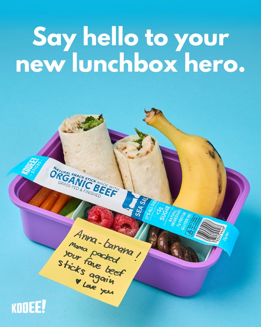 Kooee! — packed lunchbox static built around the organic beef sticks