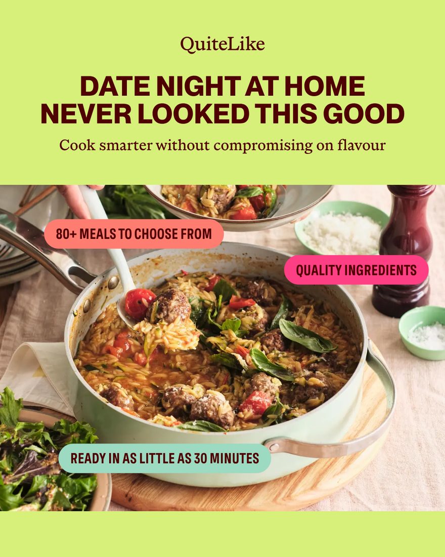 QuiteLike — date-night meal static with quality, choice and speed callouts