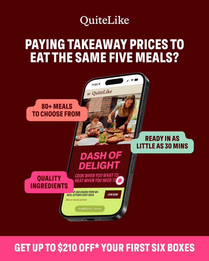 QuiteLike — comparison static asking why you would pay takeaway prices for the same five meals, with $210 off the first six boxes