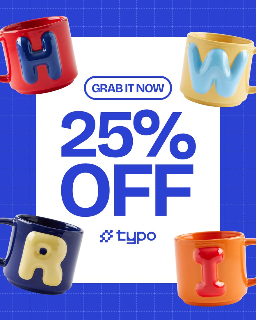 Typo — 25% off promotional static built around the Alpha Mug range