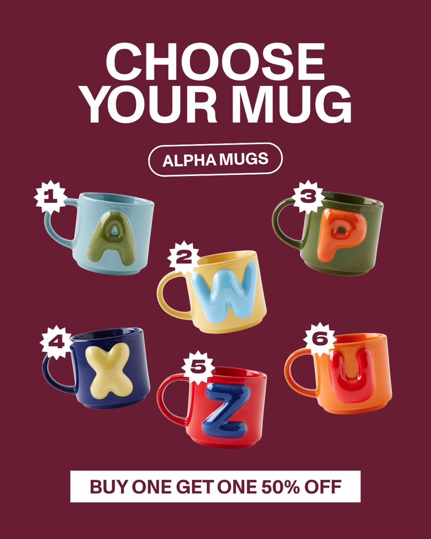 Typo — Alpha Mugs range static carrying a buy-one-get-one-50%-off offer