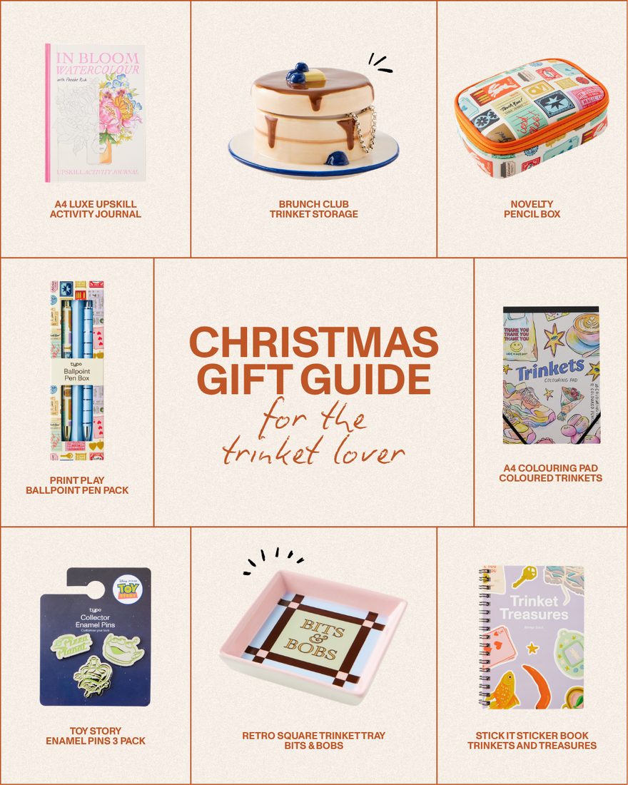Typo — Christmas gift guide static laying out nine gifts for the trinket lover