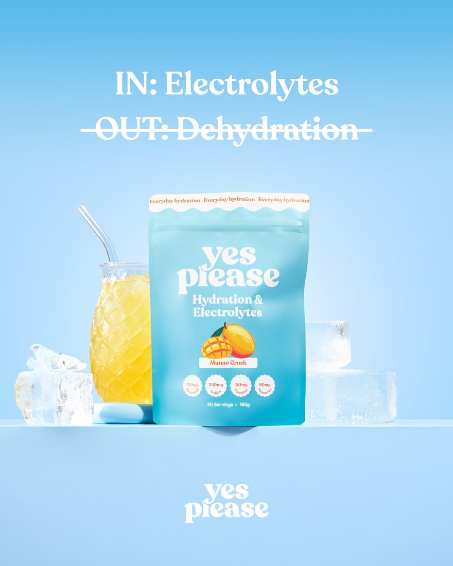 Yes Please — hydration product story static, electrolytes in and dehydration out