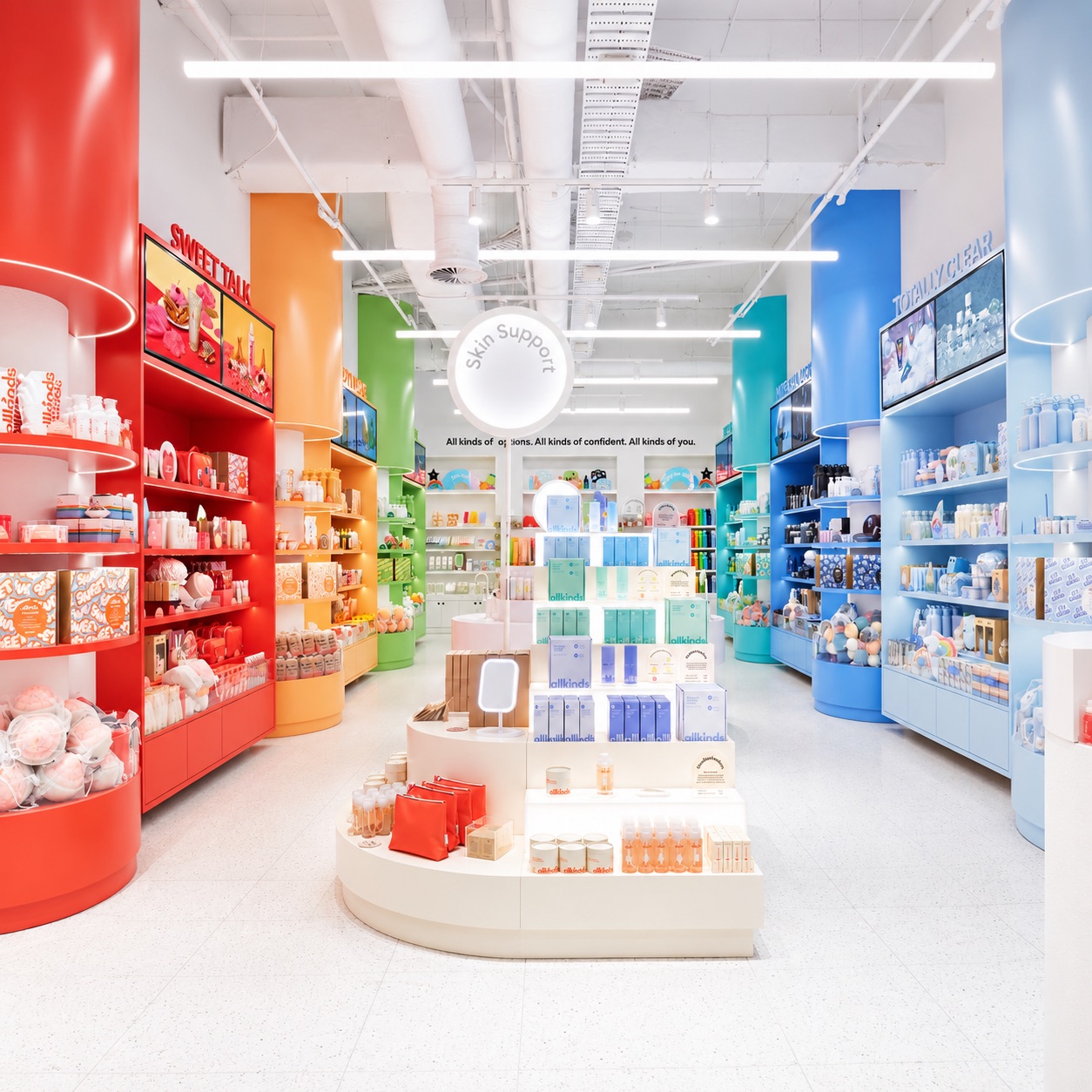 Inside an Allkinds store, with each colour-coded category bay, Sweet Talk, Skin Support and Totally Clear, under its own sign