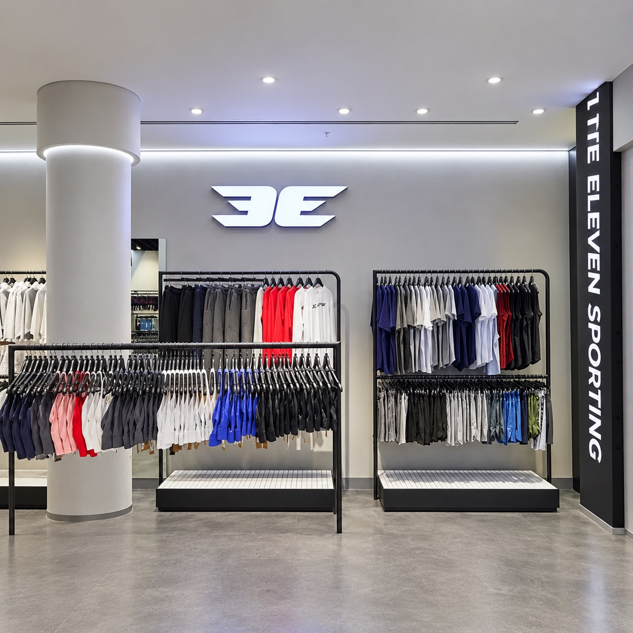 Inside an Elite Eleven Sporting store, with the illuminated EE logo above racks of activewear