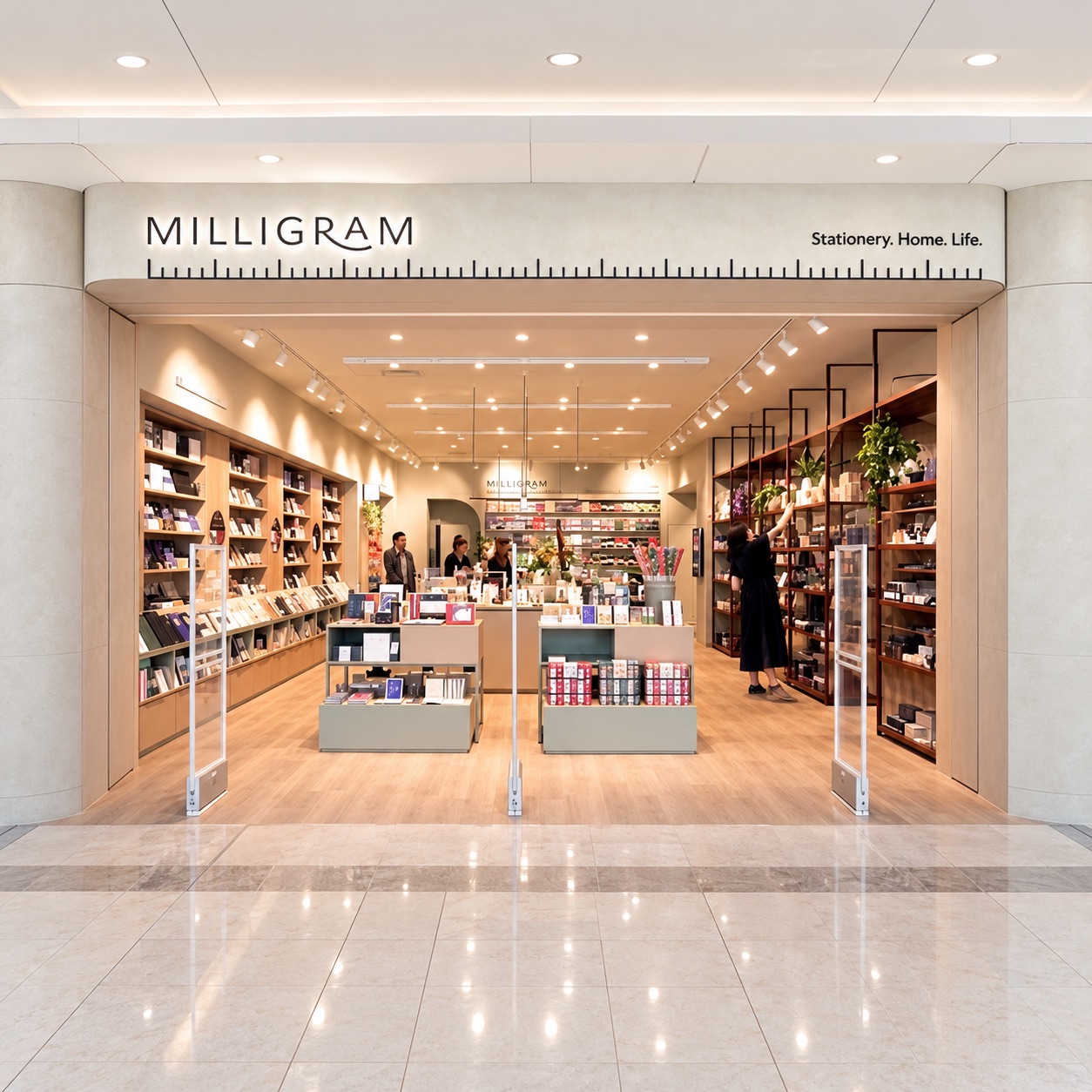 The Milligram storefront in a shopping centre: a wide stone-clad entrance with the Milligram name and a ruler motif above, timber shelving of stationery either side and staff at a central display inside