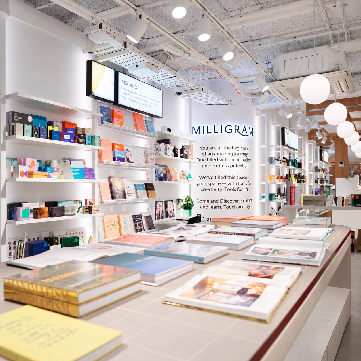 Inside a Milligram store: a long table of open books and magazines in the foreground, white shelves of colourful stationery along the wall and the Milligram name lit above a welcome message