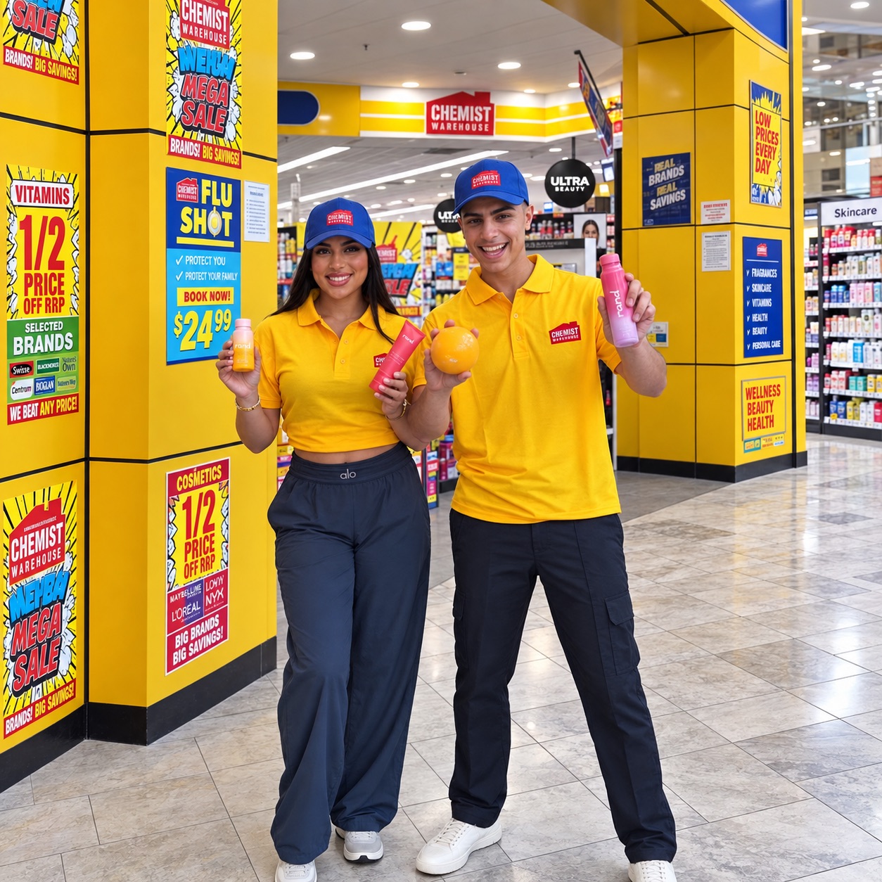 Two Chemist Warehouse staff holding Ramla products in store