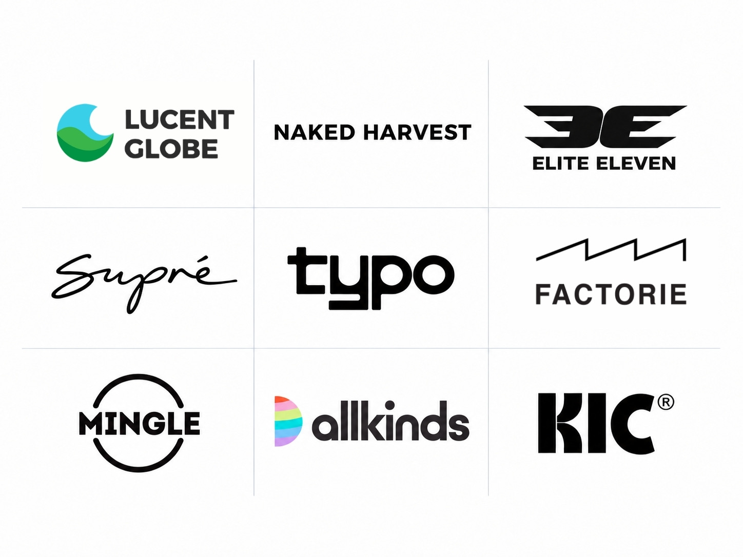 A grid of brands Pulp Digital works with: Lucent Globe, Naked Harvest, Elite Eleven, Supré, Typo, Factorie, Mingle, Allkinds and KIC