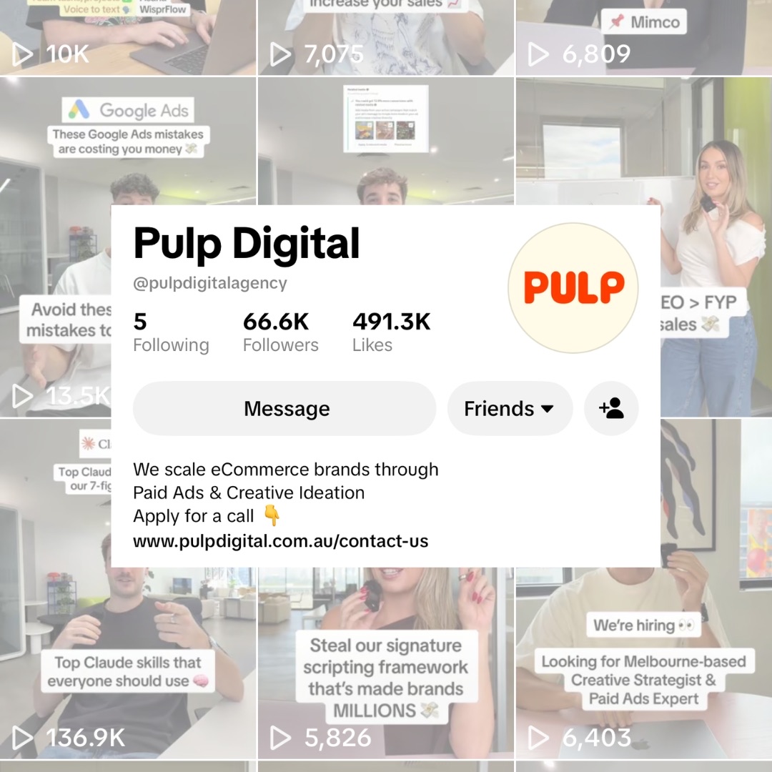 The Pulp Digital TikTok profile showing 66.6K followers over a grid of the team's videos