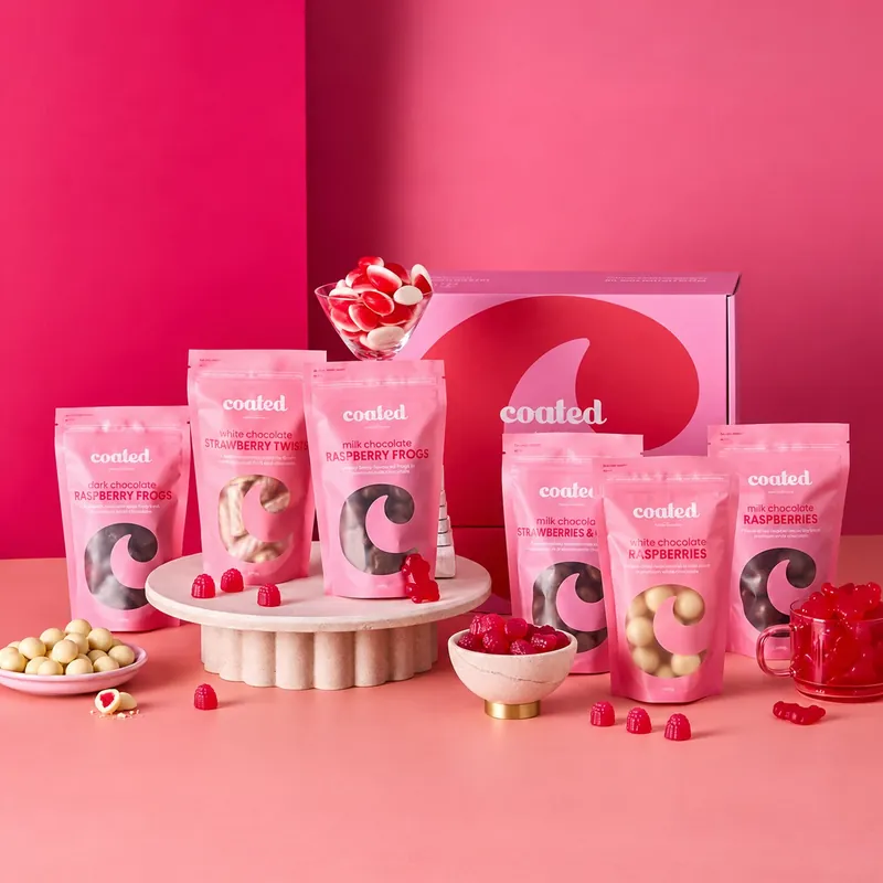 The Coated range on a pink set: pink pouches of milk chocolate raspberry frogs, white chocolate strawberry twists and milk chocolate raspberries around bowls of white chocolate balls and freeze-dried raspberries, with a Coated gift box behind