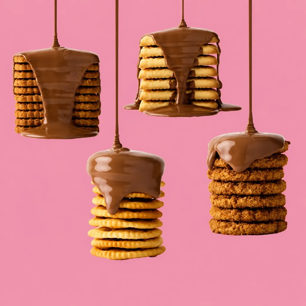 A Coated creative: four stacks of biscuits suspended on a pink background with milk chocolate pouring over each one from above