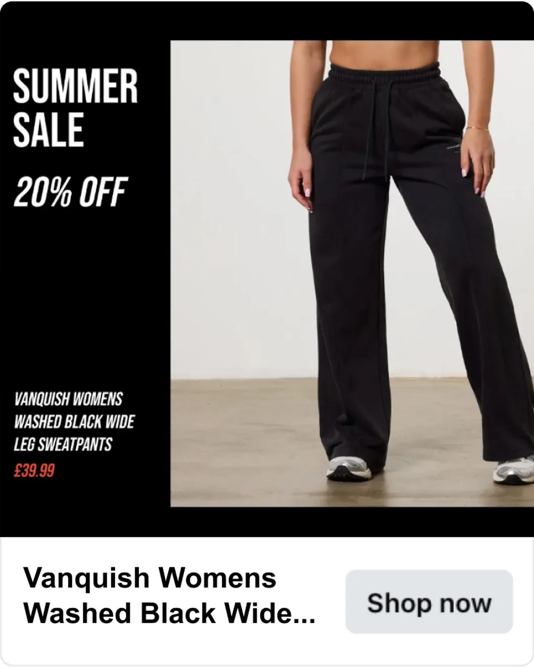 A catalogue ad card with a black branded panel reading “Summer sale 20% off” and the product name and price, beside the product photo and a Shop now button