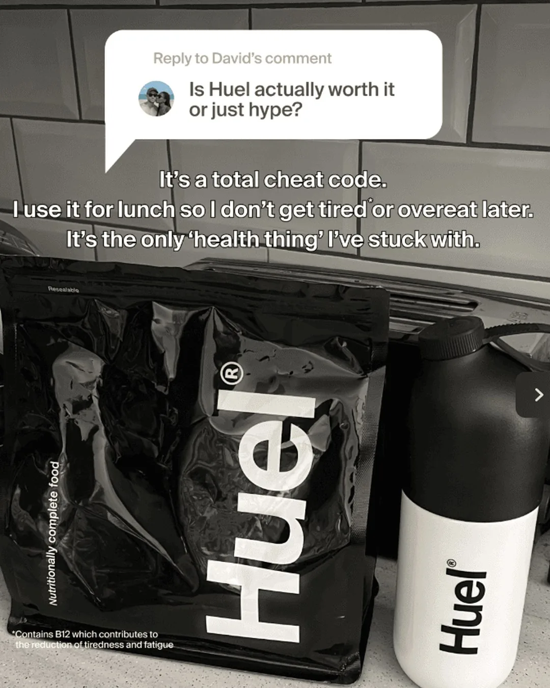 A “Reply to David’s comment: Is Huel actually worth it or just hype?” bubble above the answer, with a Huel pouch and bottle on a kitchen bench