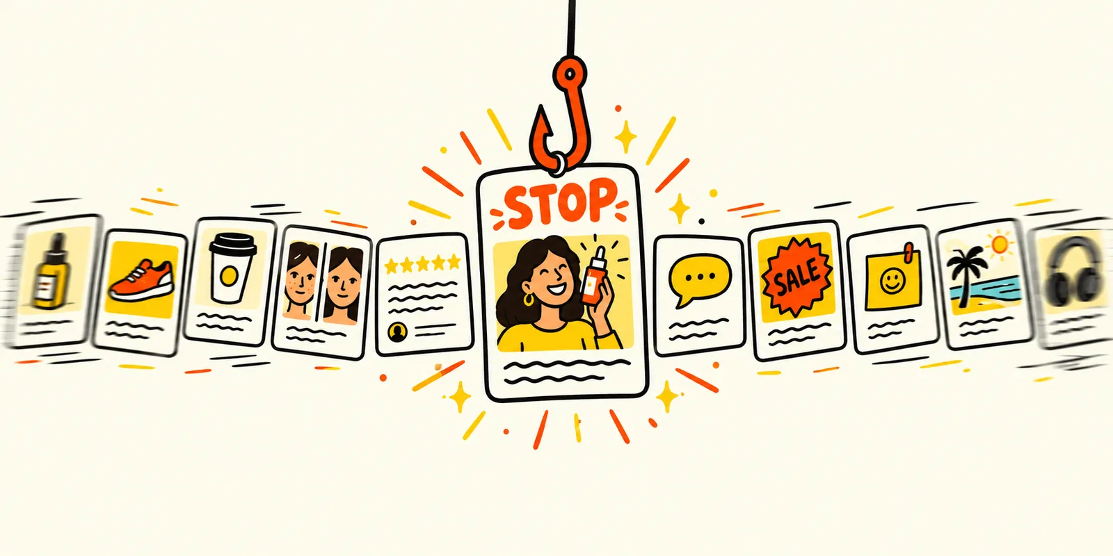 Illustration of a row of ad cards rushing past like a fast-scrolling feed, with one card in the middle caught on an orange fishing hook and pulled out of the stream, reading “Stop” above a smiling woman holding a serum bottle