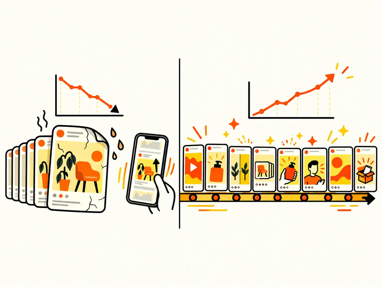 Left: a stack of the same ad, the front copy cracked and wilting, beside a falling chart and a phone scrolling past it. Right: a conveyor of eight different ads moving forward under a rising chart.