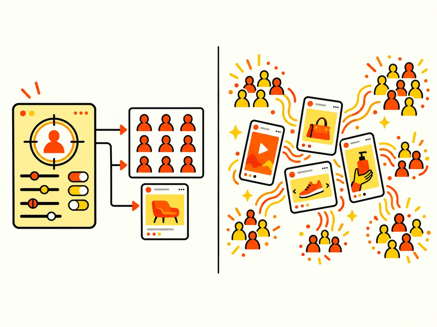 Two panels. Left: a targeting control panel with sliders sends rigid arrows to a boxed grid of identical people and a single ad. Right: four different ads send out signal waves that reach several loose clusters of different people.