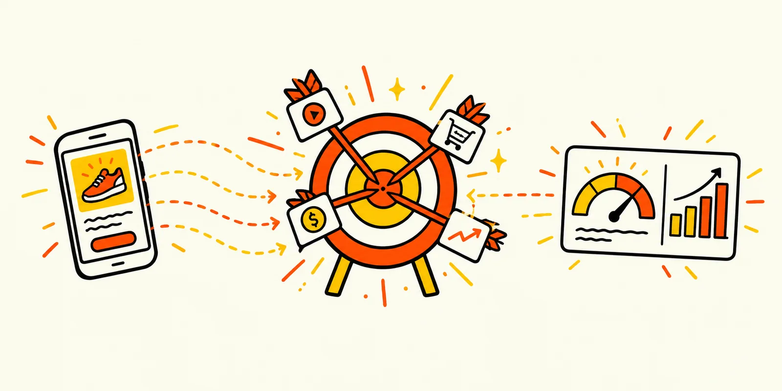 Illustration of a phone showing a shoe ad, with dotted lines running to an archery target in the middle. Four orange arrows sit in the bullseye, each flying a card with an icon: a play button, a shopping cart, a dollar coin and a rising chart. On the right, a dashboard with a gauge in its top zone and a climbing bar chart.