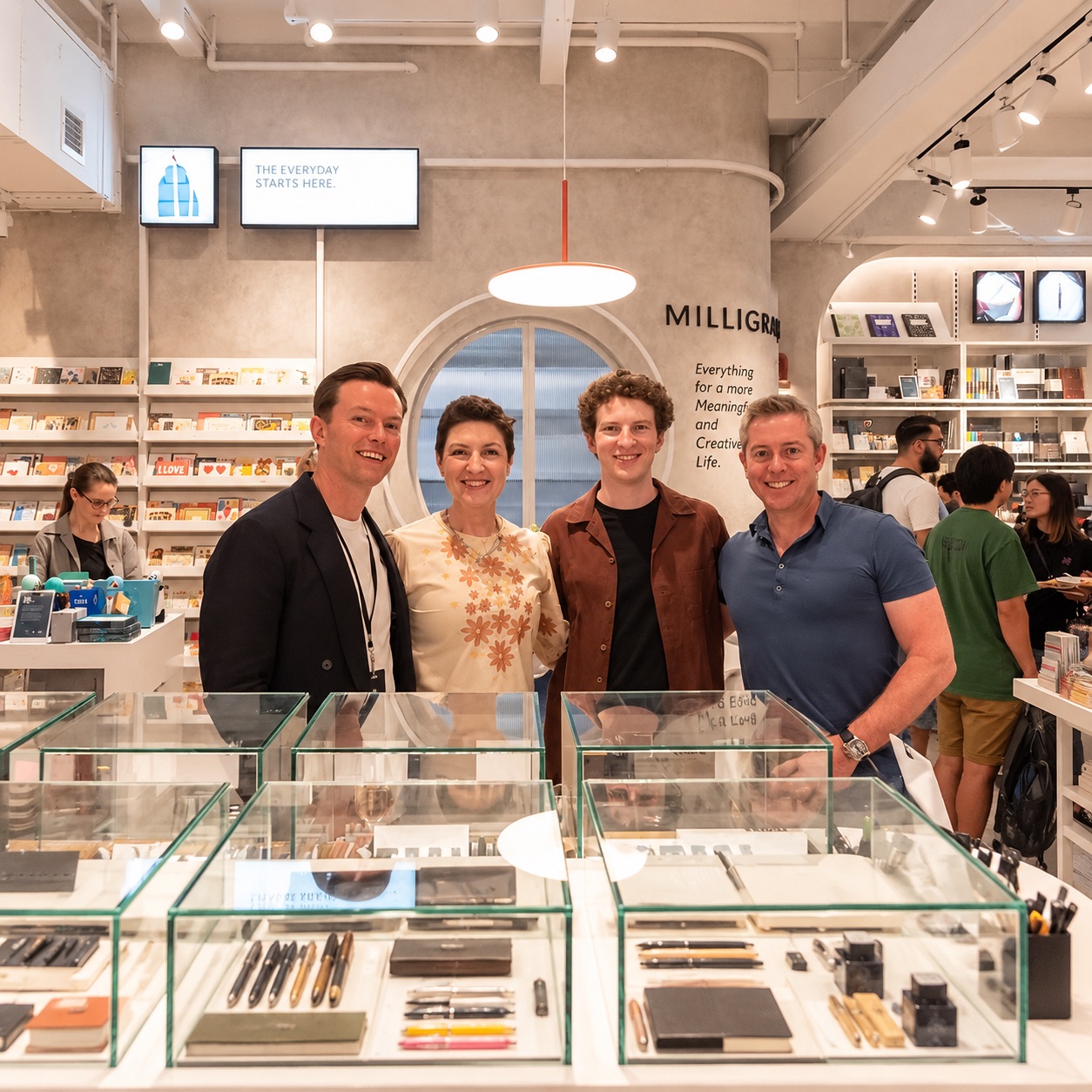 Four people arm in arm behind glass pen display cases inside the Milligram store, with card racks, a Milligram wall sign and a round orange pendant light behind them